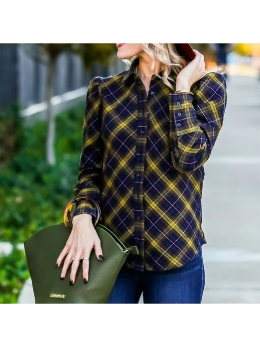 The Shirt By Rochelle Behrens Plaid Flannel Puff Shoulder
